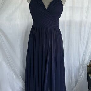 Navy Blue Pleated V-Neck Women's Dress